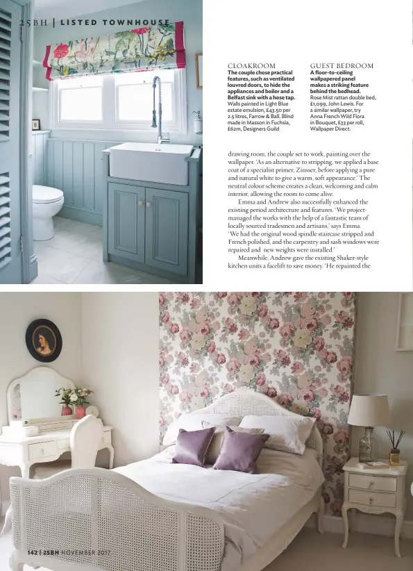  ??  ?? cloakroom The couple chose practical features, such as ventilated louvred doors, to hide the appliances and boiler and a Belfast sink with a hose tap. walls painted in Light blue estate emulsion, £ 43.50 per 2.5 litres, Farrow & ball. blind made in...