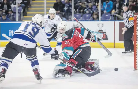  ??  ?? Victoria’s Dante Hannoun (19) pots the game’s opening goal against Kelowna goaltender Brodan Salmond in the first period Friday night at Save-on-Foods Memorial Centre.