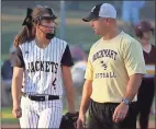  ?? File, Jeremy Stewart / Rome News-Tribune ?? Rockmart, including pitcher Emily Loveless (left) and head coach Steve Luke, will host Elbert County in the first round of the Class AA state softball playoffs Wednesday.