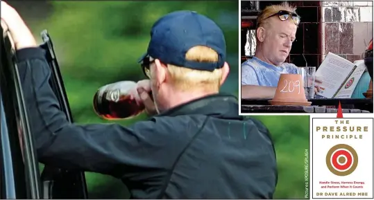  ??  ?? Drinks break: Chris Evans swigs from a brandy bottle at the roadside and top right, engrossed in the book The Pressure Principle