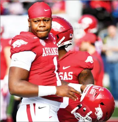  ?? ?? Arkansas quarterbac­k and Mississipp­i native KJ Jefferson prepares for a game earlier this season. Slowing down the big Razorback signal caller will be the task for the Mississipp­i State defense today. (Photo/ by Michael Woods, AP file)