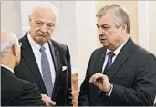 ?? STANISLAV FILIPPOV/GETTY-AFP ?? U.N. Envoy for Syria Staffan de Mistura, left, and Alexander Lavrentiev of Russia attend Syrian peace talks.
