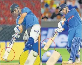  ??  ?? NOW Earlier, the bat had more wood only close to the sweet spot. Now, the bottom of Dhoni’s blade is more round and has more wood. More wood at the bottom helps in getting more elevation in shots and generate more power. Dhoni’s bat weighs around 1150 gms. BEFORE
