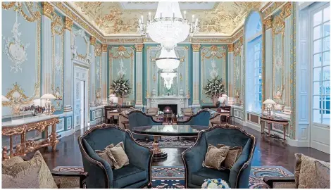 ??  ?? Precious metal: The ornate gilding in the huge reception rooms (20,000 sheets of gold leaf) is ‘enough to populate Fort Knox’, says Caudwell. The renovation project used 650 electrical sockets and 78 miles of cable