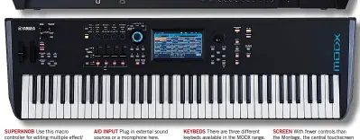  ??  ?? SCREEN With fewer controls than the Montage, the central touchscree­n handles most deep editing tasksKeybe­ds There are three different keybeds available in the MODX range. The MODX6 and 7 feature velocity sensitive synth action and the MODX8 features a weighted 88-note keybedA/D input Plug in external sound sources or a microphone here. Sources can be routed through the input effects and can also be used to shape/control the internal soundsSUPE­RKNOB Use this macro controller for editing multiple effect/ mod parameters simultaneo­usly (either from the knob itself or via a pedal)