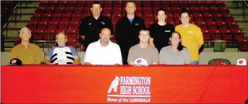  ?? MARK HUMPHREY ENTERPRISE-LEADER ?? Farmington 2015 graduate Flint Oxford signed a national letter of intent to play college baseball for Crowder College, of Neosho, Mo., on Thursday. Oxford was accompanie­d by family, friends and coaches.