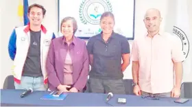  ?? PHOTOGRAPH BY JOEY SANCHEZ MENDOZA FOR THE DAILY TRIBUNE ?? PHILIPPINE Sports commission­er Bong Coo (second from left) announces the first-ever staging of the All-Women Sports Awards set this month. She is joined by POC Athletes Commission representa­tive Nikko Huelgas (left), Judith Staples of the Masters Athletics and Stephen Fernandez of the Philippine Olympians Associatio­n.