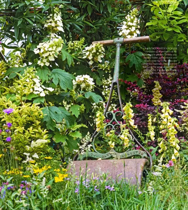  ??  ?? A VINTAGE GARDEN ROLLER CONJURES UP THE CHARM OF MR MCGREGOR’S GARDEN. UNLESS YOU HAVE A TRAILER, AIM TO TRACK ONE DOWN CLOSE TO HOME: THEY ARE RATHER TOO HEAVY TO TRANSPORT BY CAR. LOOK FOR ORIGINAL PAINTWORK AND HANDLE. IF THESE ARE INTACT, THEY ADD TO THE AUTHENTIC FEEL