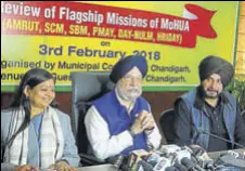  ?? KARUN SHARMA/HT ?? (From Left) Haryana urban local bodies minister Kavita Jain, minister of state for housing and urban affairs Hardeep Singh Puri, and Punjab local bodies minister Navjot Singh Sidhu Minister at UT guest house in Chandigarh on Saturday.