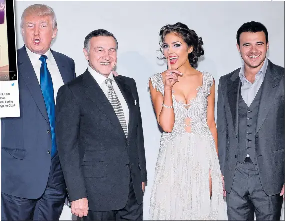  ?? Pictures: ETHAN MILLER & ALEX WONG/Getty; TWITTER ?? GLAMOROUS LIFE: From left, President Trump, Aras Agalarov, ex-Miss Universe Olivia Culpo and Emin. Inset, Emin, announces tour cancellati­on