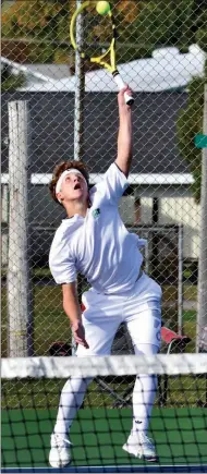  ?? PILOT PHOTO/RON HARAMIA ?? The #1 Doubles team of Shay Kyser (above) and Mason Porter for Bremen beat Glenn’s Matthew Moore and Colin Stephens, 6-0, 6-4