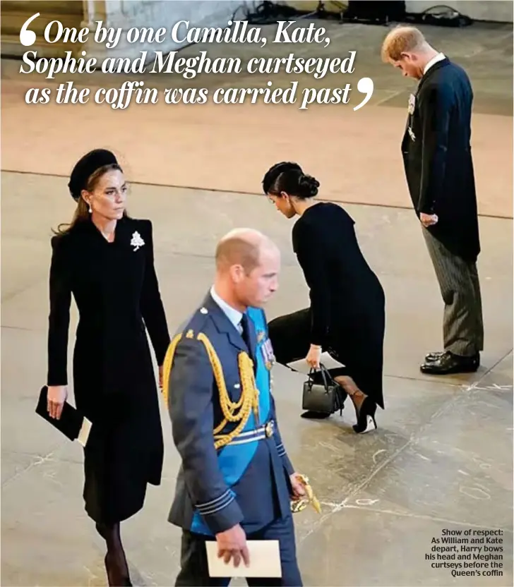  ?? ?? Show of respect: As William and Kate depart, Harry bows his head and Meghan curtseys before the Queen’s coffin