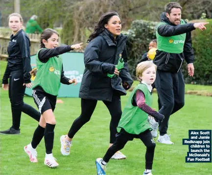 ??  ?? Alex Scott and Jamie Redknapp join children to launch the McDonald’s Fun Football