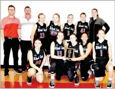  ?? RICK PECK/SPECIAL TO MCDONALD COUNTY PRESS ?? The McDonald County Lady Mustang basketball team took third place at last week’s Seventh Annual Seneca Ladies Basketball Tournament. Front row, left to right: Laney Wilson, Meagan Mills, Ragan Wilson, Rita Santillan and Caitlyn Barton. Back row: Coach...