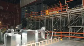  ??  ?? Above: A specialist scaffoldin­g system fills the auditorium to allow constructi­on of the balcony seating level. This scaffold system was sourced from a variety of interstate depots. “There’s a lot of engineerin­g behind something so simple as putting up...