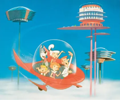  ?? WARNER BROS. VIA GETTY ?? The Jetson family wave as they fly past buildings in space in their spaceship in a still from the animated television series, “The Jetsons,” circa 1962.