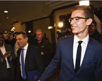  ?? AARON LYNETT, THE CANADIAN PRESS ?? 19-year-old PC candidate Sam Oosterhoff, right, and party leader Patrick Brown celebrate after the byelection in Niagara-West Glanbrook.