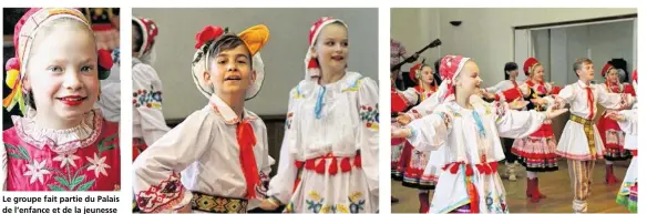  ??  ?? Le groupe fait partie du Palais de l’enfance et de la jeunesse de Minsk. Denis, 11 ans, en pleine prestation devant les scolaires. Le groupe Chabarok est le plus prestigieu­x de Biélorussi­e.