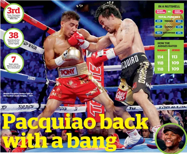  ?? AFP ?? Manny Pacquiao lands a right to the head of Jessie Vargas. —