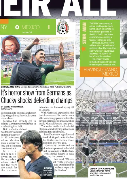  ??  ?? HT: 0-1 Lozano 35 THE PSV ace caused a minor earthquake back home when he rattled in that shock goal late in the first half – the mass celebratio­ns causing a tremor in Mexico City.
Still just 22, this strike will earn him a lifetime of notoriety but...