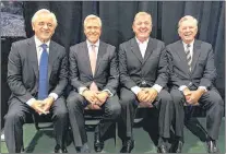  ?? TELEGRAM FILE PHOTO ?? From left, former and current Liberal premiers Brian Tobin, Dwight Ball, Roger Grimes and Clyde Wells at an event June 11 in St. John’s to announce the extension of the Voisey’s Bay mine undergroun­d.