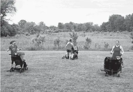  ?? STACEY WESCOTT/CHICAGO TRIBUNE PHOTOS ?? Alyssa Cukierski, from left, Amanda Seibert and Melissa Tydell exercise with their kids in strollers at Heron Creek Forest Preserve in Long Grove on June 5. This forest preserve is adjacent to an area conservati­onists want to turn into a long nature path.