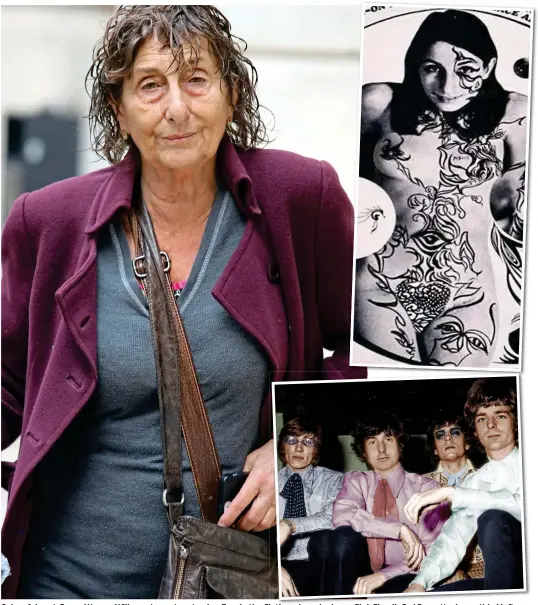  ??  ?? Colourful past: Susan Wynne-Willson at court yesterday. Top, in the Sixties when she knew Pink Floyd’s Syd Barrett, above, thir dl eft