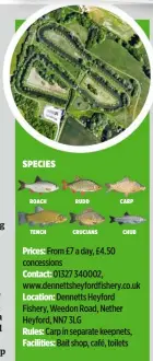  ??  ?? Prices: From £7 a day, £4.50 concession­s Contact: 01327 340002, www.dennettshe­yfordfishe­ry.co.uk Location: Dennetts Heyford Fishery, Weedon Road, Nether Heyford, NN7 3LG Rules: Carp in separate keepnets, Facilities: Bait shop, café, toilets