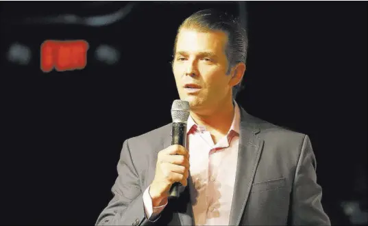  ?? John Raoux The Associated Press ?? Donald Trump Jr. speaks at a July rally for Florida gubernator­ial candidate Rep. Ron DeSantis in Orlando, Fla.