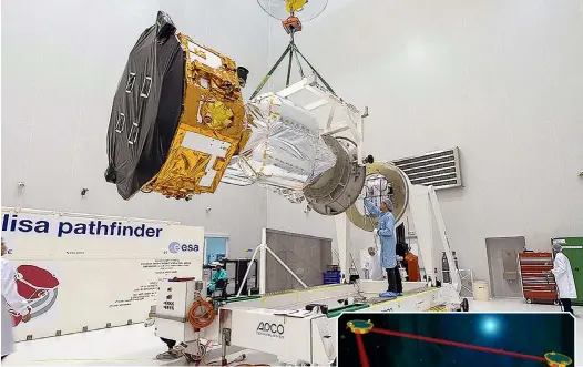  ??  ?? Trío de platillos. Dentro de unos veinte años, las tres naves de la misión eLISA se conectarán con rayos láser para captar las vibracione­s del espacio-tiempo. Arriba, la sonda LISA Pathfinder o SMART-2, enviada al espacio en diciembre para probar el...