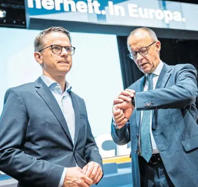  ?? Foto: IMAGO/CHRIS Emil Janssen ?? Die Spitze der CDU um Carsten Linnemann (l./paderborn) und Friedrich Merz (Brilon) stammt aus NRW.