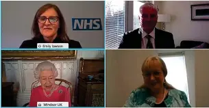  ?? BUCKINGHAM PALACE/PA ?? Throne zoom: Queen on video call with NHS vaccine rollout organisers