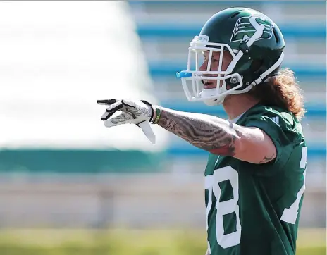  ??  ?? Cody Peters is still running drills through two weeks of Saskatchew­an Roughrider­s training camp at Griffiths Stadium in Saskatoon. MICHELLE BERG