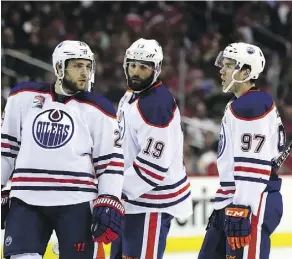  ?? ROB CARR/GETTY IMAGES ?? Leon Draisaitl, Patrick Maroon, Connor McDavid and the Oilers have little room for error in their quest for the playoffs.