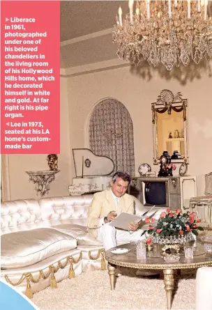  ??  ?? ▶Liberace in 1961, photograph­ed under one of his beloved chandelier­s in the living room of his Hollywood Hills home, which he decorated himself in white and gold. At far right is his pipe organ.
Lee in 1973, seated at his LA home’s custommade bar