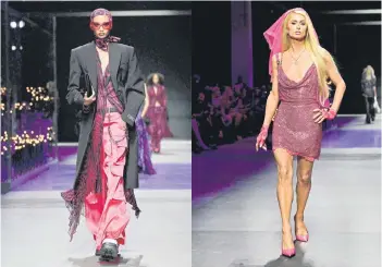  ?? — AFP photos ?? Combinatio­n of photos shows a model (left) and Paris Hilton (right) present a creation for Versace’s Women’s Spring Summer 2023 fashion collection as part of the Fashion Week in Milan.
