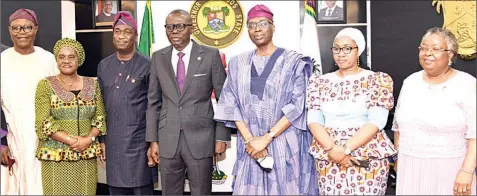  ??  ?? Board member, J. K Randle Centre for Yoruba Culture & History, Chief Babajide Damazio ( left); Board Vice Chairman & SSG, Mrs. Folashade Jaji; Deputy Governor, Dr. Obafemi Hamzat; Board Chairman, Governor Babajide Sanwo- Olu; another board member, Otunba Abdul Rafiu Adewale; Commission­er for Tourism, Arts & Culture, Mrs. Uzamat Akinbile- Yusuf and the Board Treasurer, Mrs. Olubunmi Osiewu, during the inaugurati­on of the J. K Randle Board of Trustees in Lagos… yesterday