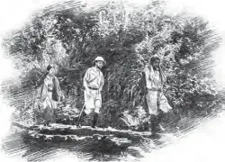  ??  ?? 吉尔与两名雇佣的脚夫­行走在锡金提斯塔河河­谷的一座小桥上