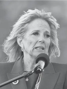  ?? MANDEL NGAN/ POOL VIA AP ?? First lady Jill Biden speaks during a live radio address to the Navajo Nation at the Window Rock Navajo Tribal Park & Veterans Memorial in Window Rock, Ariz., on April 22.