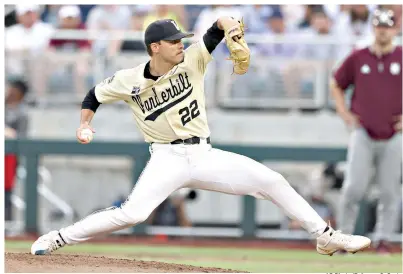  ?? AP Photo/Rebecca S. Gratz ?? ■ Vanderbilt pitcher Jack Leiter throws during the fourth inning against Mississipp­i State in Game 1 of the College World Series finals, Monday in Omaha, Neb.