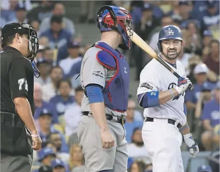  ?? Wally Skalij Los Angeles Times ?? ADRIAN GONZALEZ, arguing a called strike during the NL Championsh­ip Series, has only one home run in 49 games this season.