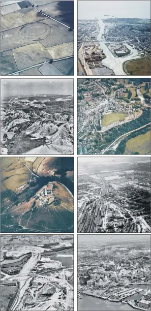  ?? PICTURES: PA. ?? OVERVIEW: Clockwise, from top left, Thornborou­gh Rings, Yorkshire; the docks, Newhaven; Richmond, Yorkshire; a steam train travelling from Cambridge station; Liverpool, looking north east; constructi­on of the M25 near Grays, Thurrock; Corfe Castle, Dorset; China clay workings, Carnsmerry in Cornwall.