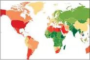  ??  ?? A map of the world indicating child-obesity rates by countries, with red representi­ng the highest number of cases reported.