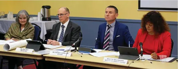  ?? Photo: Tobi Loftus ?? LISTENING: Inquiry members (from left) Senator Claire Moore, James Rees MP, Andrew Laming MP and Senator Malarndirr­i McCarthy listen to public submission­s at a hearing in Oakey in August.