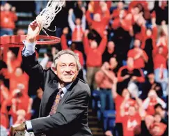  ?? Rich Sugg / TNS ?? Oklahoma State coach Eddie Sutton celebrates his team’s victory in the Big 12 Tournament title game against Texas Tech in 2005.