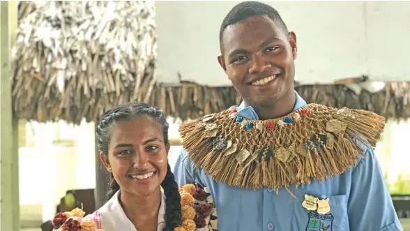  ?? Photo: Sheldon Chanel ?? Gospel High School headboy Timoci Ratudradra with headgirl Amisha Maharaj after the induction at the school on February 2, 2018.