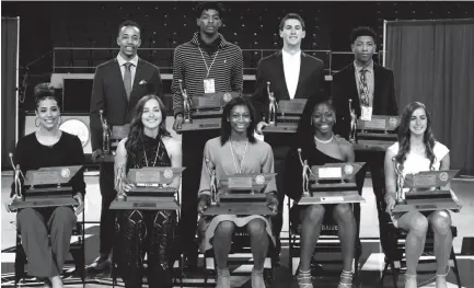  ?? HELEN COMER/DNJ ?? The 2020 TSSAA Mr. and Miss Basketball winners. Back row (from left): Jacobi Wood, Cleveland; Johnathan Lawson,wooddale; Ryley Mcclaran, Eagleville and Kennedy Chandler, Briarcrest. Front row: Madison Hayes, East Hamilton; Keeley Carter, Macon County; Chloe Moore-mcneil, Greenfield; Dontavia Waggoner, Ensworth and Macey Lee, Trinity Christian. Not pictured: Moussa Cisse, Lausanne