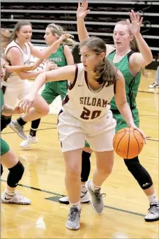  ?? Mark Ross/Special to Siloam Sunday ?? Siloam Springs sophomore Brooke Ross looks to make a play Tuesday against Van Buren inside Panther Activity Center. The Lady Panthers defeated the Lady Pointers 41-27.