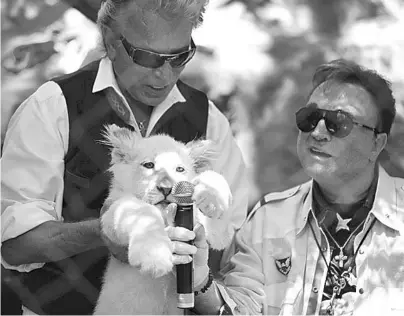  ?? Q The Associated Press ?? In this July 17, 2014, file photo, Siegfried Fischbache­r, left, holds up a white lion cub as Roy Horn holds up a microphone during an event to welcome three white lion cubs to Siegfried & Roy’s Secret Garden and Dolphin Habitat, in Las Vegas. German news agency dpa is reporting that illusionis­t Siegfried Fischbache­r, the surviving member of duo Siegfried & Roy, has died in Las Vegas at age 81. The news agency said Thursday that Fischbache­r’s sister, a nun who lives in Munich, confirmed his death of cancer.