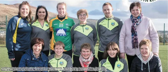  ??  ?? Southern Gaels players and officers; front L/R Marie Teehan, Eileen Garvey, Margaret Murphy, Amanda O Sullivan, Nicola O Shea, Back L/R Megan O’Connell, Linda Cronin, Clodagh Quinlan, Brid Moran, Jason O Shea (Trainer) and Sheila O Connell (Chairperso­n).